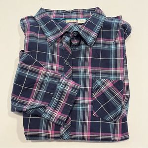 LL Bean Blue Purple Plaid Lightweight Flannel Button Front Tab Sleeves Shirt XL